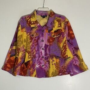 Gaudy Couture Denim Jacket Womens 1X Purple Yellow Embellished Artsy Eclectic